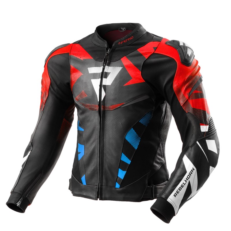 KURTKA MOTOCYKLOWA SKÓRZANA REBELHORN INFERNO BLACK BLUE WHITE RED 56