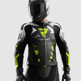 KURTKA MOTOCYKLOWA SKÓRZANA REBELHORN INFERNO BLACK WHITE FLUO YELLOW 48