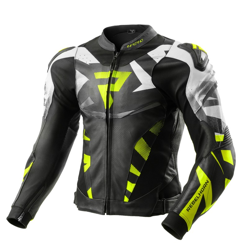 KURTKA MOTOCYKLOWA SKÓRZANA REBELHORN INFERNO BLACK WHITE FLUO YELLOW 56