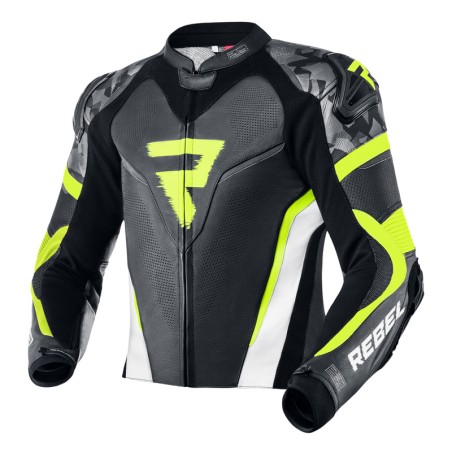 KURTKA MOTOCYKLOWA SKÓRZANA REBELHORN REBEL BLACK WHITE FLUO YELLOW 46