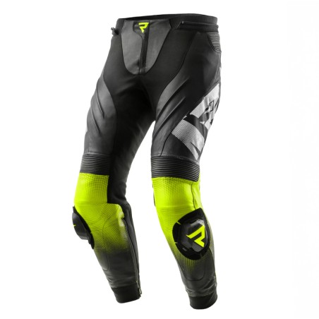 SPODNIE MOTOCYKLOWE SKÓRZANE REBELHORN INFERNO BLACK WHITE FLUO YELLOW 48