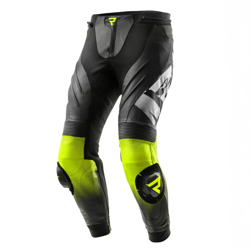SPODNIE MOTOCYKLOWE SKÓRZANE REBELHORN INFERNO BLACK WHITE FLUO YELLOW 56