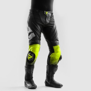 SPODNIE MOTOCYKLOWE SKÓRZANE REBELHORN INFERNO BLACK WHITE FLUO YELLOW 58