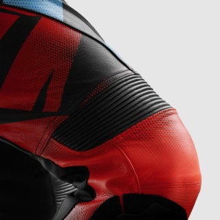 SPODNIE MOTOCYKLOWE SKÓRZANE REBELHORN INFERNO BLACK BLUE WHITE RED 52