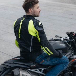 KURTKA MOTOCYKLOWA SKÓRZANA REBELHORN VANDAL BLACK FLUO YELLOW 46