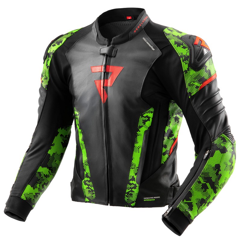 KURTKA MOTOCYKLOWA SKÓRZANA REBELHORN VELOCE CAMO BLACK GREEN FLUO RED 56