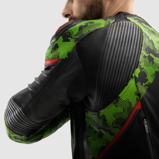 KURTKA MOTOCYKLOWA SKÓRZANA REBELHORN VELOCE CAMO BLACK GREEN FLUO RED 48