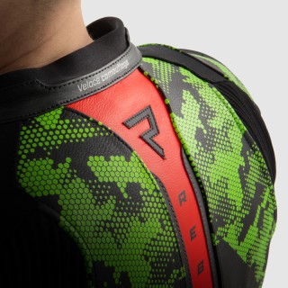 KURTKA MOTOCYKLOWA SKÓRZANA REBELHORN VELOCE CAMO BLACK GREEN FLUO RED 48